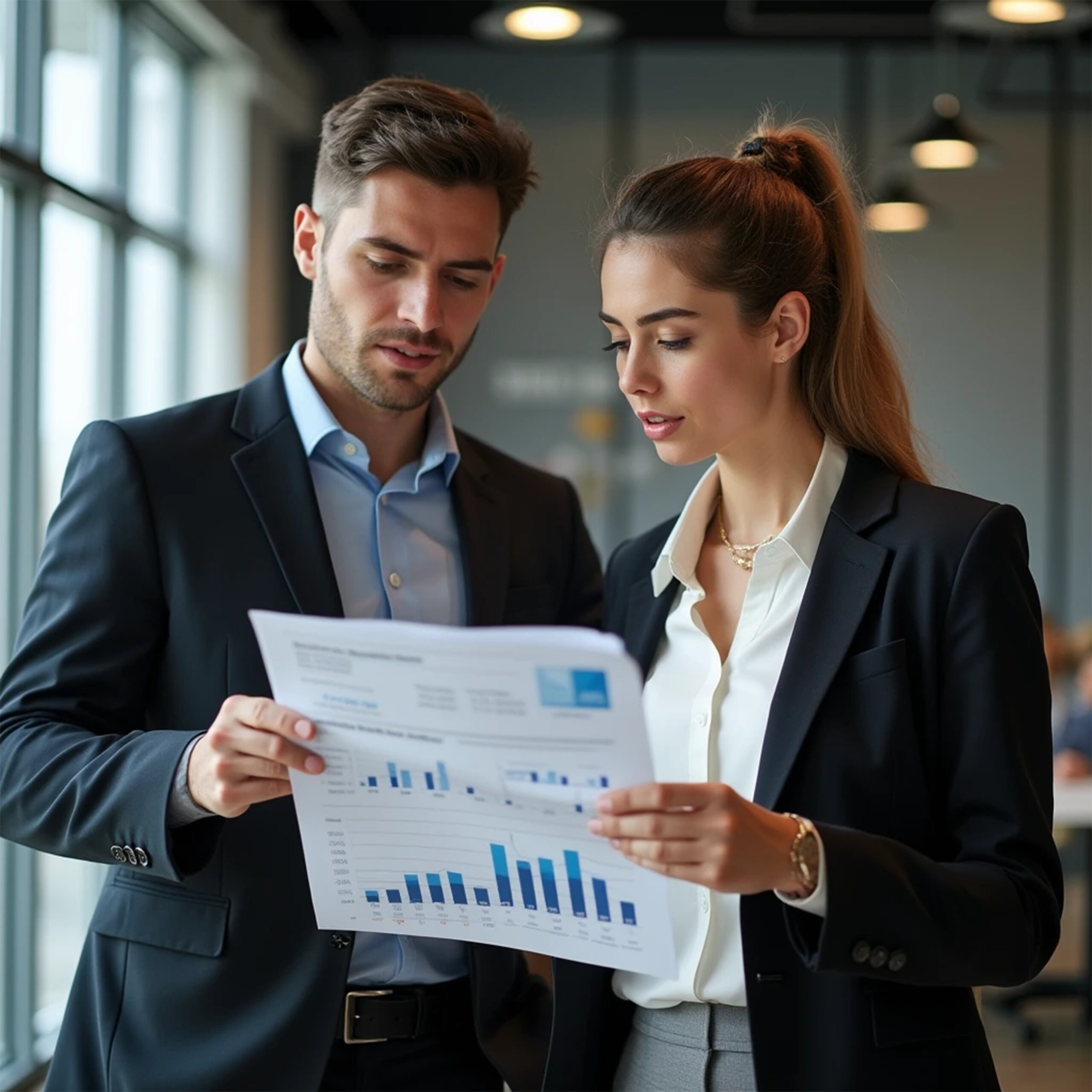 A businessman and a businesswoman engage in a discussion while reading a financial report together. Young business professionals working togeprofessionals working together in a modern finance company.